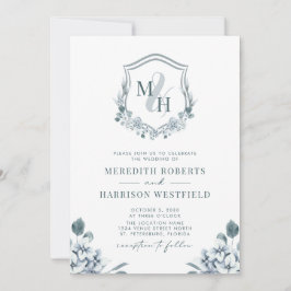 Monogram Crest QR-code Stusty Blue Floral Wedding Kaart