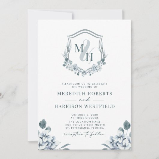 Monogram Crest QR-code Stusty Blue Floral Wedding Kaart (Voorkant)