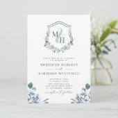 Monogram Crest QR-code Stusty Blue Floral Wedding Kaart (Staand voorkant)