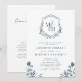 Monogram Crest QR-code Stusty Blue Floral Wedding Kaart (Voorkant / Achterkant)