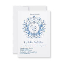 Monogram Crest Rococo Blue bruiloft uitnodiging