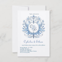 Monogram Crest Rococo Blue bruiloft uitnodiging