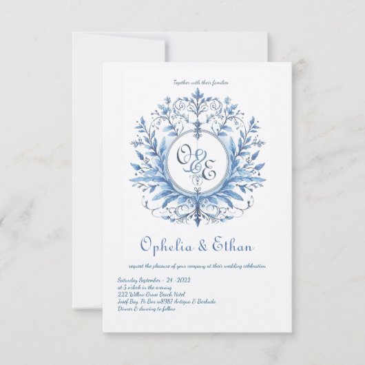 Monogram Crest Rococo Blue bruiloft uitnodiging (Voorkant)