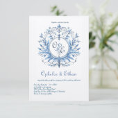 Monogram Crest Rococo Blue bruiloft uitnodiging (Staand voorkant)