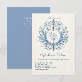 Monogram Crest Rococo Blue bruiloft uitnodiging
