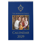 Monogram & Crest Royal Blue Faux Gold Family Photo Kalender (Hoes)