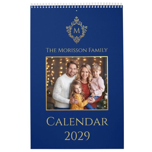 Monogram & Crest Royal Blue Faux Gold Family Photo Kalender (Hoes)