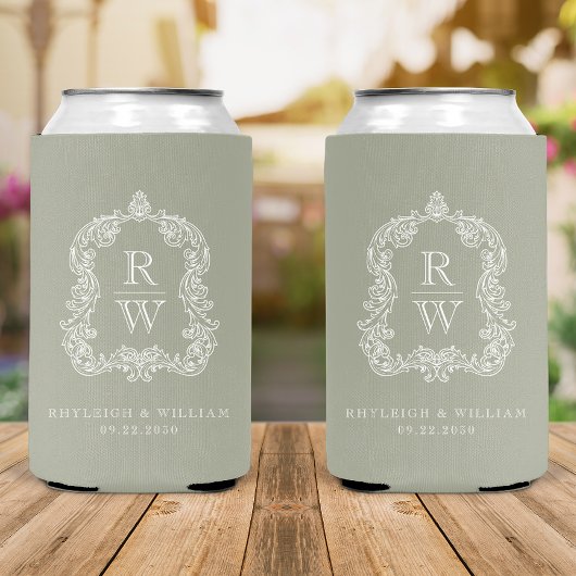 Monogram Crest Sage Green Wedding Blikjeskoeler