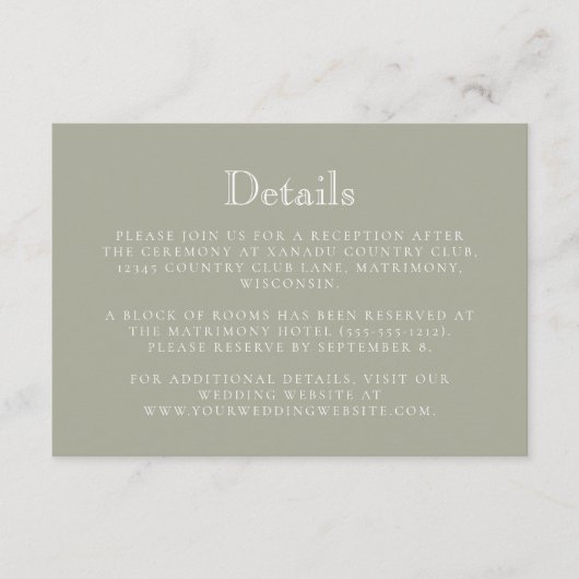 Monogram Crest Sage Green Wedding Details Informatiekaartje (Voorkant)