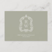 Monogram Crest Sage Green Wedding Details Informatiekaartje (Achterkant)