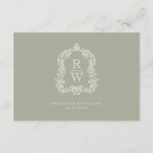 Monogram Crest Sage Green Wedding Details Informatiekaartje (Achterkant)