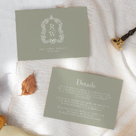 Monogram Crest Sage Green Wedding Details Informatiekaartje