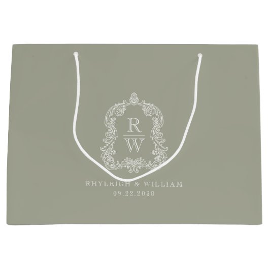 Monogram Crest Sage Green Wedding Groot Cadeauzakje (Voorkant)