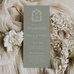 Monogram Crest Sage Green Wedding Programmakaart