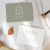 Monogram Crest Sage Green Wedding RSVP Kaartje
