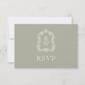 Monogram Crest Sage Green Wedding RSVP Kaartje (Voorkant)