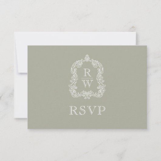 Monogram Crest Sage Green Wedding RSVP Kaartje (Voorkant)