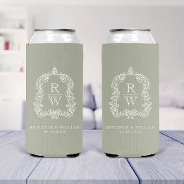 Monogram Crest Sage Green Wedding Seltzer Blikjeskoeler