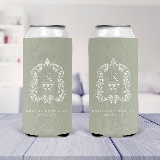 Monogram Crest Sage Green Wedding Seltzer Blikjeskoeler