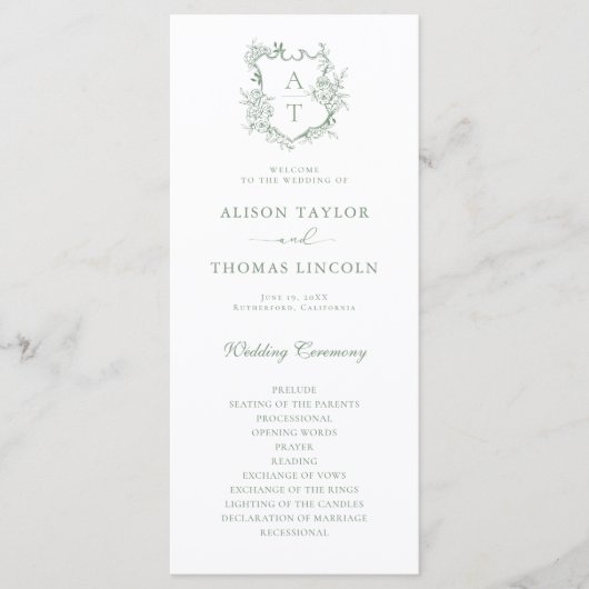Monogram Crest Sage Groen Huwelijksprogramma Kaart (Voorkant)