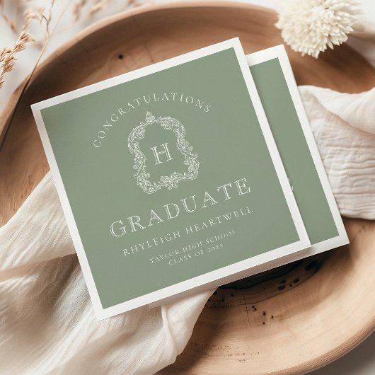 Monogram Crest Sage Groen Wit Graduation Party Servet