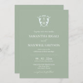 Monogram Crest  Sage Groene Bruiloft Kaart (Voorkant / Achterkant)