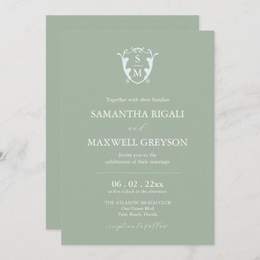 Monogram Crest Sage Groene Bruiloft Kaart (Voorkant / Achterkant)