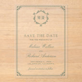 Monogram Crest Sage Groene Trouw Save the Date Acryl Uitnodigingen (Voorkant)