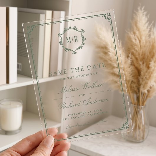 Monogram Crest Sage Groene Trouw Save the Date Acryl Uitnodigingen