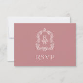 Monogram Crest Stof Roze Trouw RSVP Kaartje (Voorkant)