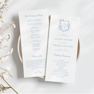 Monogram Crest Stofblauw Huwelijksprogramma Kaart