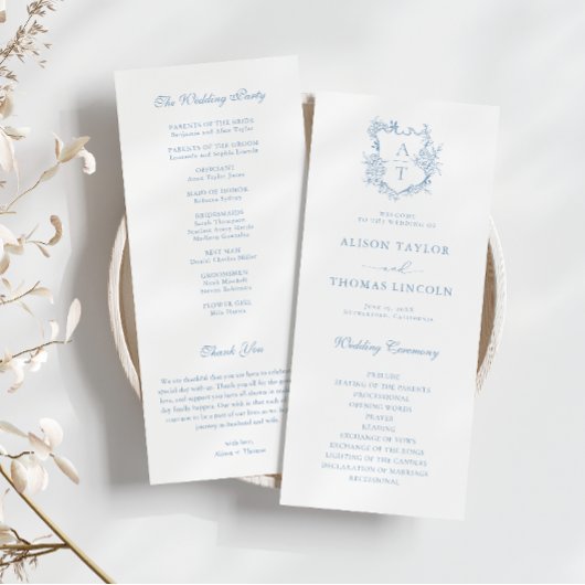 Monogram Crest Stofblauw Huwelijksprogramma Kaart