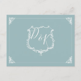 Monogram Crest Stoffig blauw Bruiloft rsvp Briefka Uitnodiging Briefkaart