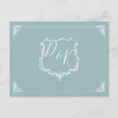 Monogram Crest Stoffig blauw Bruiloft rsvp Briefka Uitnodiging Briefkaart (Voorkant)