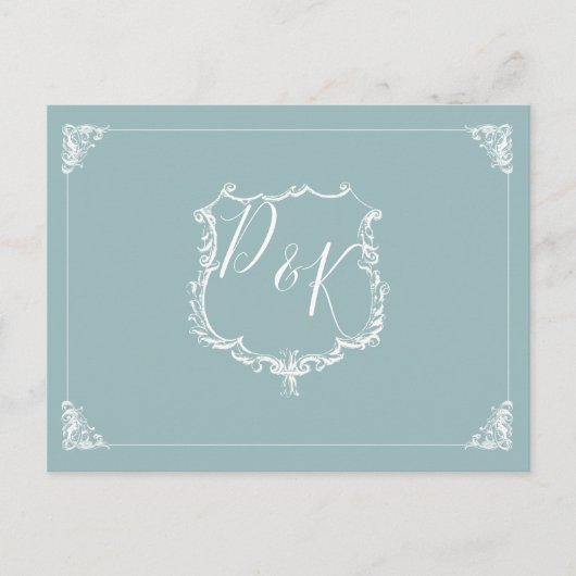 Monogram Crest Stoffig blauw Bruiloft rsvp Briefka Uitnodiging Briefkaart (Voorkant)