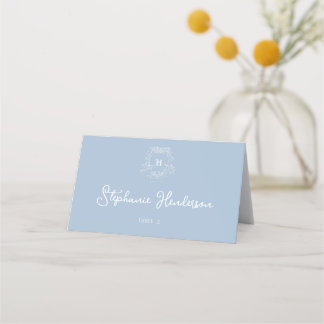 Monogram Crest Stoffig Blauw Gevouwen Plaats Kaart Plaatskaartje