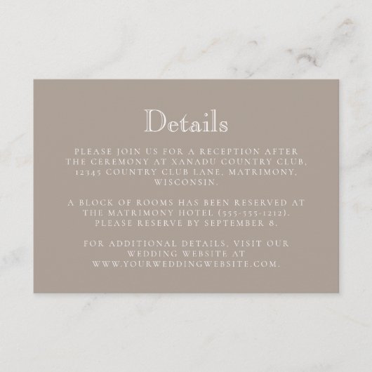 Monogram Crest Taupe Wedding Details Informatiekaartje (Voorkant)