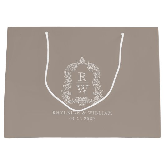 Monogram Crest Taupe Wedding Groot Cadeauzakje (Voorkant)