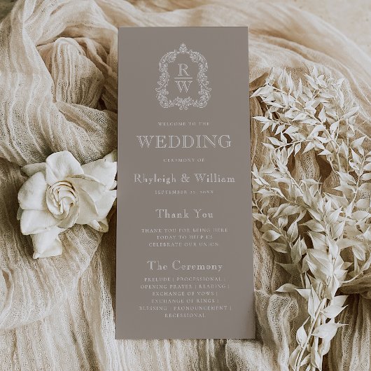 Monogram Crest Taupe Wedding Programmakaart