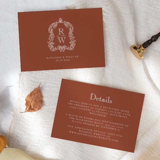 Monogram Crest Terracotta Wedding Details Informatiekaartje