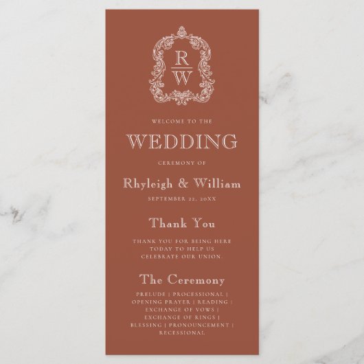 Monogram Crest Terracotta Wedding Programmakaart (Voorkant)