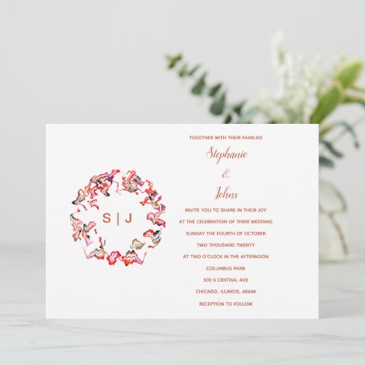 Monogram Crest Terracotta Wit Eenvoudige Bruiloft Kaart (Staand voorkant)