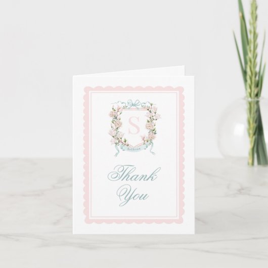 Monogram Crest Thank You Card Pink Bow Scallop Bedankkaart (Voorkant)