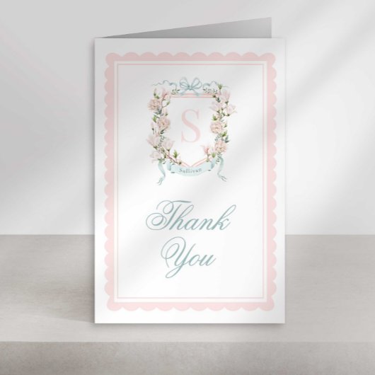Monogram Crest Thank You Card Pink Bow Scallop Bedankkaart