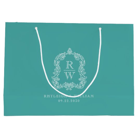 Monogram Crest Turquoise Wedding Groot Cadeauzakje (Achterkant)