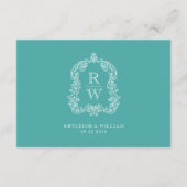 Monogram Crest Turquoise White Wedding Details Informatiekaartje (Achterkant)