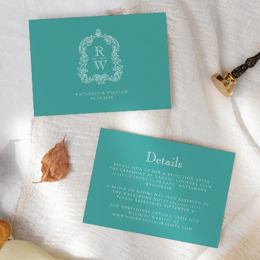 Monogram Crest Turquoise White Wedding Details Informatiekaartje
