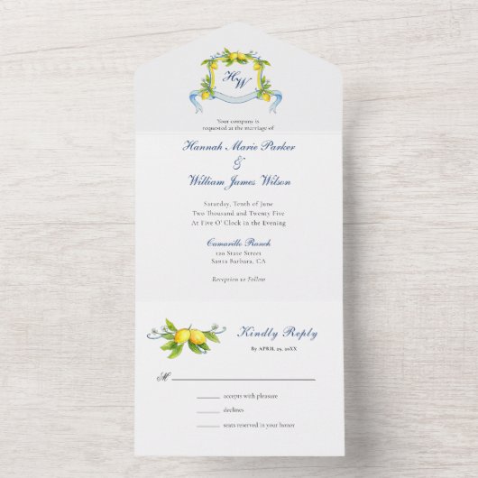 Monogram Crest waterverf Lemons Wedding All In One Uitnodiging (Binnen)