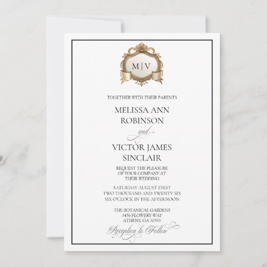 Monogram Crest Wedding Invitation Kaart (Voorkant)