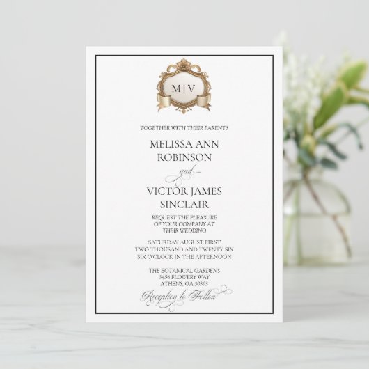 Monogram Crest Wedding Invitation Kaart (Staand voorkant)